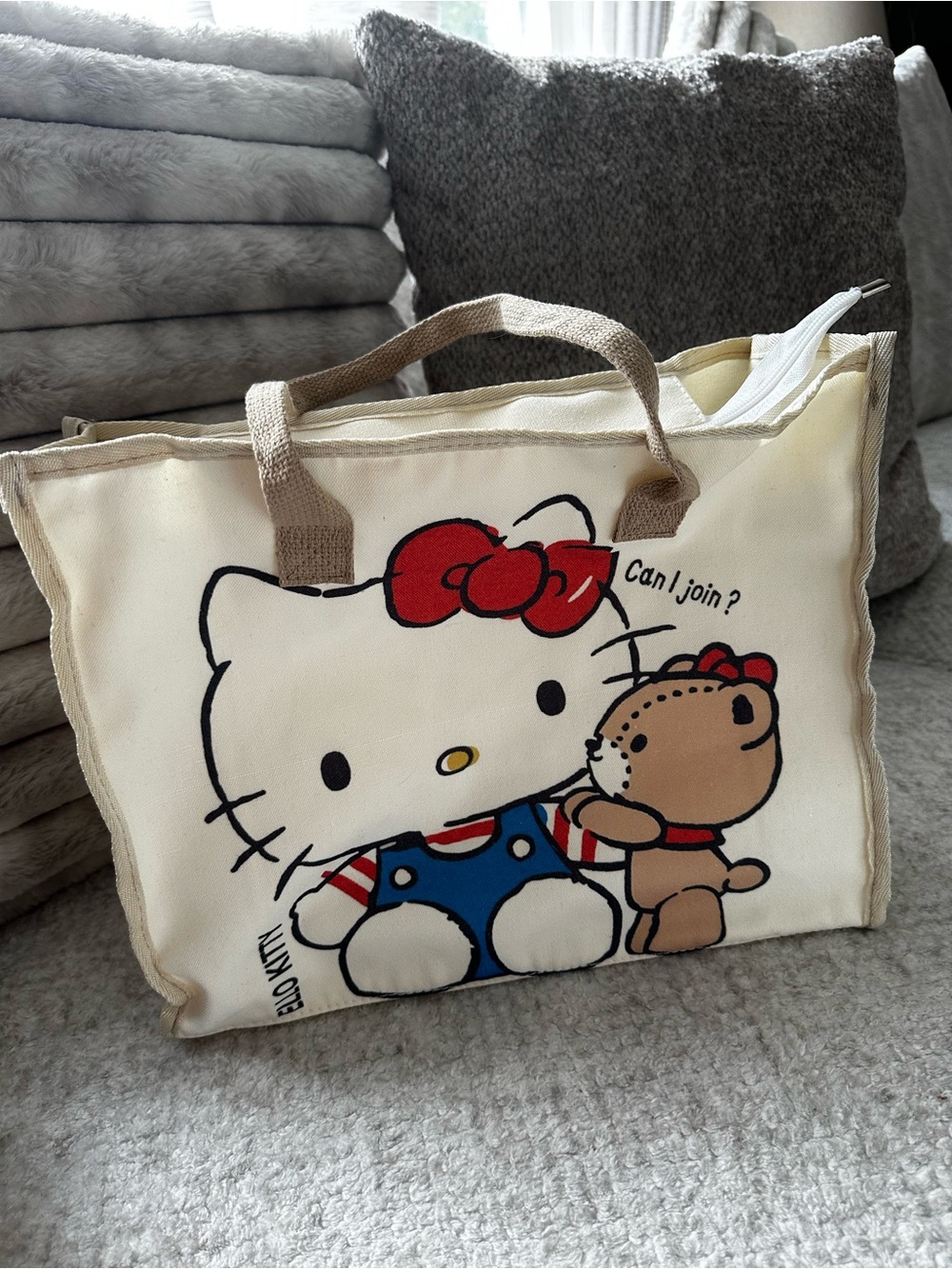 Hello Kitty inspired Cream Canvas Tote with Red, Blue and Brown Accents